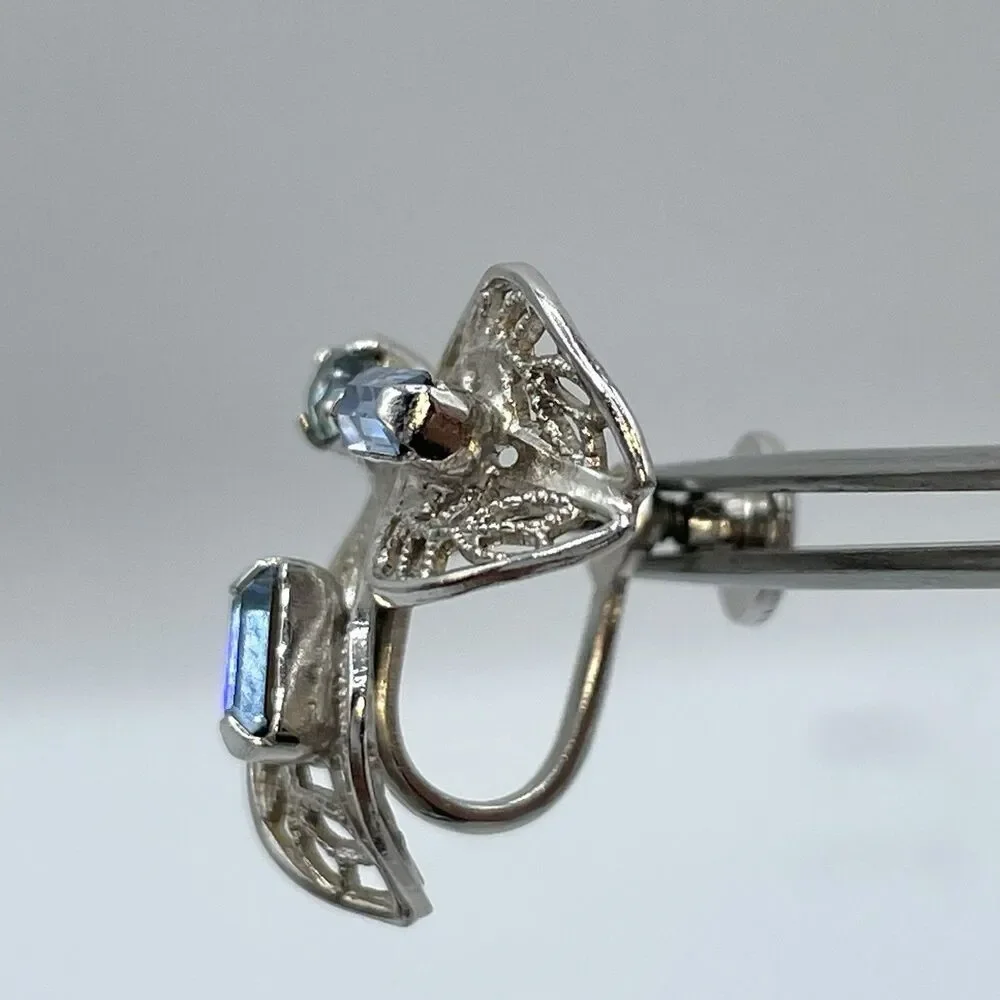 Silver Tone Screw Back Earrings Blue Rhinestone Filigree Butterfly Shape Boho